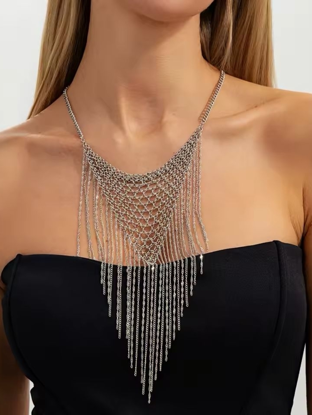 Silver Cascading Fringe Necklace - Picture 3 of 6